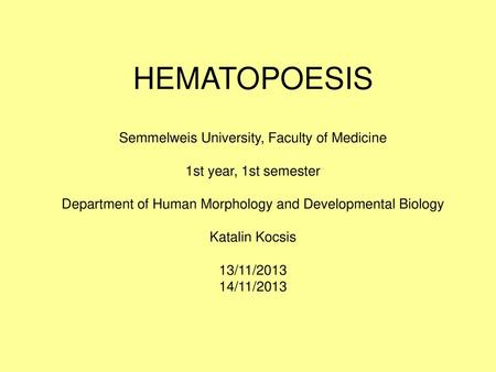 HEMATOPOESIS Semmelweis University, Faculty of Medicine