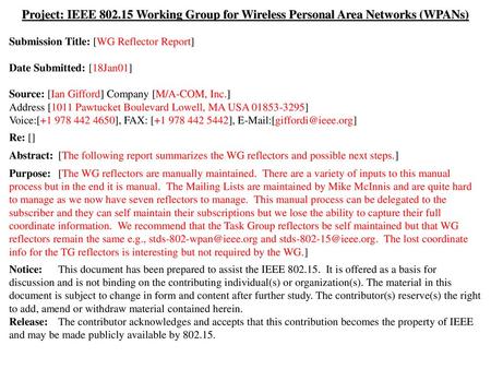 Doc.: IEEE 802.15-01/056r0 January 2001 Project: IEEE 802.15 Working Group for Wireless Personal Area Networks (WPANs) Submission Title: [WG Reflector.