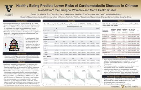Healthy Eating Predicts Lower Risks of Cardiometabolic Diseases in Chinese A report from the Shanghai Women’s and Men’s Health Studies Danxia Yu1, Xiao-Ou.
