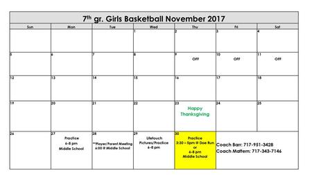 7th gr. Girls Basketball November 2017