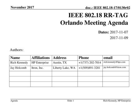 IEEE RR-TAG Orlando Meeting Agenda