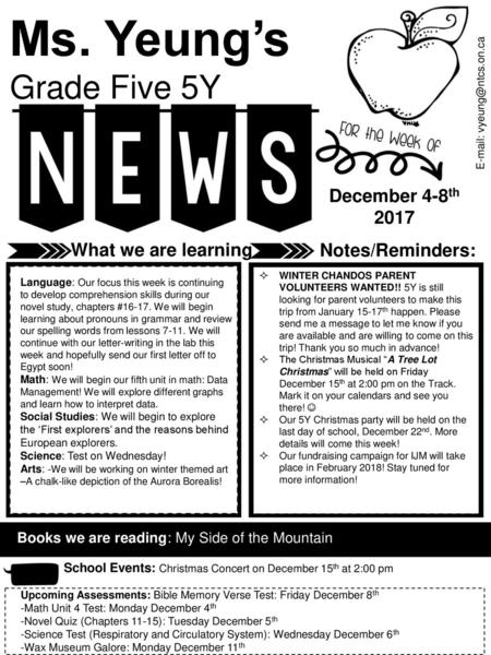 Ms. Yeung’s Grade Five 5Y December 4-8th 2017 What we are learning