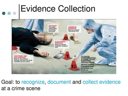 Goal: to recognize, document and collect evidence at a crime scene
