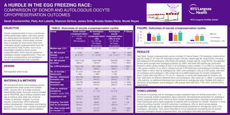 A HURDLE IN THE EGG FREEZING RACE: COMPARISON OF DONOR AND AUTOLOGOUS OOCYTE CRYOPRESERVATION OUTCOMES NYU Langone Fertility Center Sarah Druckenmiller,