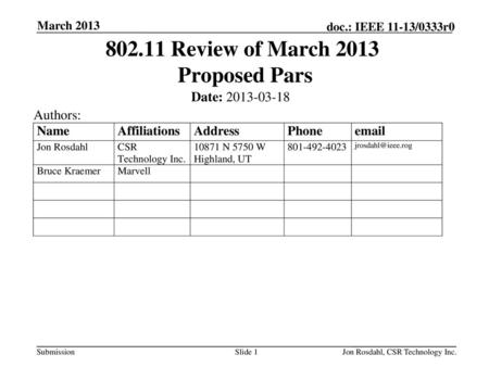 Review of March 2013 Proposed Pars