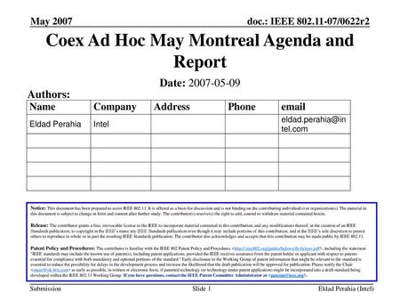 Coex Ad Hoc May Montreal Agenda and Report
