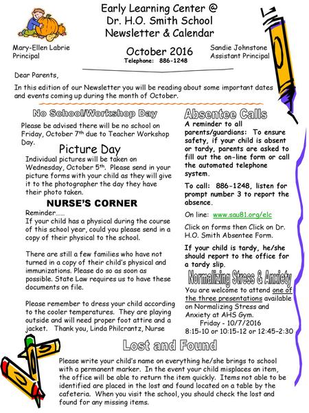Early Learning Dr. H.O. Smith School Newsletter & Calendar