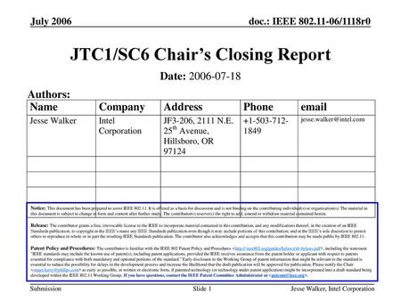 JTC1/SC6 Chair’s Closing Report