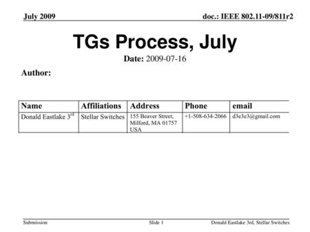TGs Process, July Date: Author: July 2009 July 2009