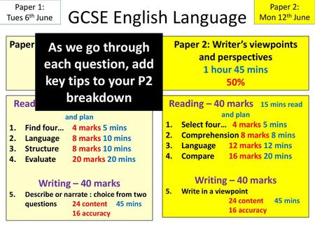 Paper 1: Tues 6th June GCSE English Language Paper 2: Mon 12th June