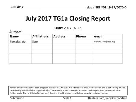 July 2017 TG1a Closing Report