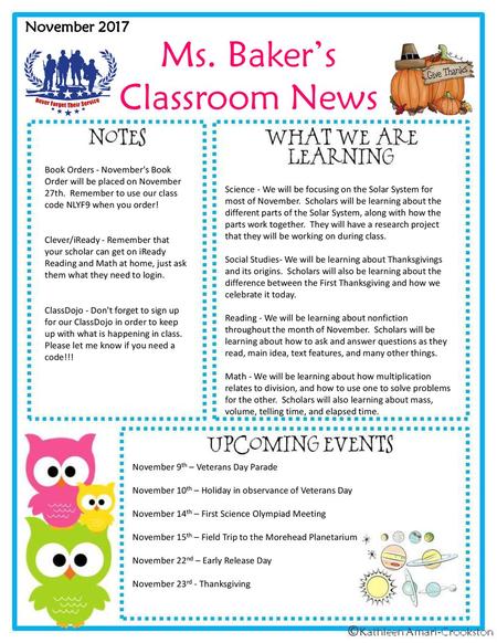 Ms. Baker’s Classroom News November 2017