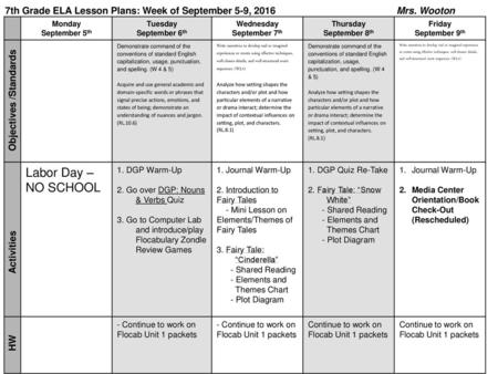 7th Grade ELA Lesson Plans: Week of September 5-9, 2016 Mrs. Wooton