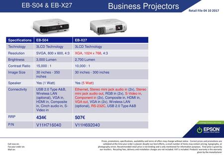 Business Projectors EB-S04 & EB-X27 434€ 507€ V11H V11H692040