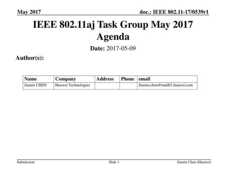 IEEE aj Task Group May 2017 Agenda