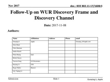 Follow-Up on WUR Discovery Frame and Discovery Channel