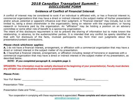 2018 Canadian Transplant Summit - DISCLOSURE FORM
