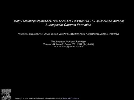 Matrix Metalloproteinase-9–Null Mice Are Resistant to TGF-β–Induced Anterior Subcapsular Cataract Formation  Anna Korol, Giuseppe Pino, Dhruva Dwivedi,