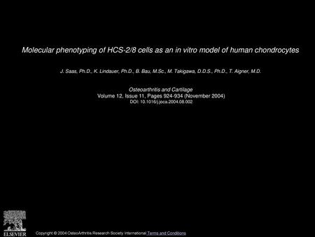 Molecular phenotyping of HCS-2/8 cells as an in vitro model of human chondrocytes  J. Saas, Ph.D., K. Lindauer, Ph.D., B. Bau, M.Sc., M. Takigawa, D.D.S.,