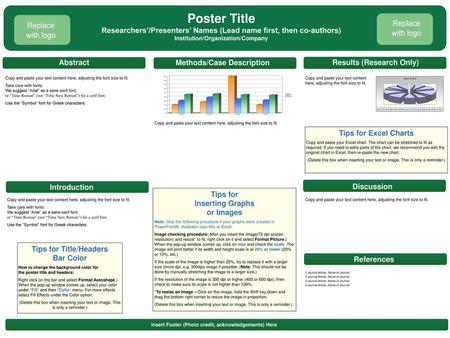 Poster Title Researchers’/Presenters’ Names (Lead name first, then co-authors) Institution/Organization/Company Replace with logo Replace with logo Abstract.