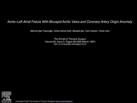 Aorto–Left Atrial Fistula With Bicuspid Aortic Valve and Coronary Artery Origin Anomaly  Mehmet Şah Topcuoğlu, Orhan Kemal Sali̇h, Mustafa Şan, Cem Kayhan,