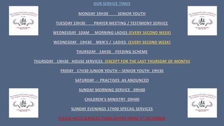 TUESDAY 19H30 PRAYER MEETING / TESTIMONY SERVICE