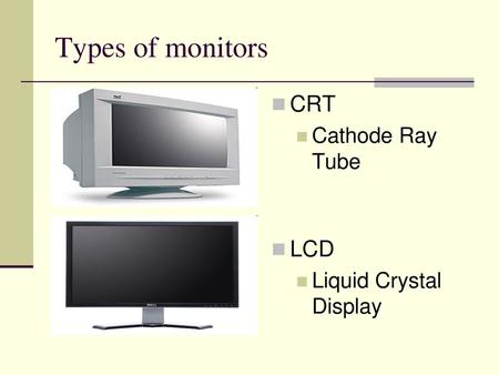 Types of monitors CRT Cathode Ray Tube LCD Liquid Crystal Display.