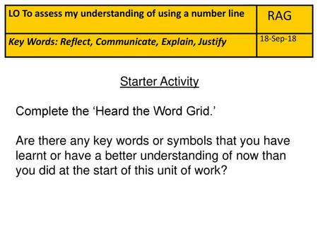 RAG Starter Activity Complete the ‘Heard the Word Grid.’