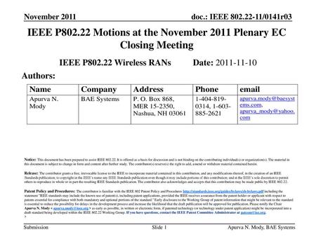 IEEE P Motions at the November 2011 Plenary EC Closing Meeting