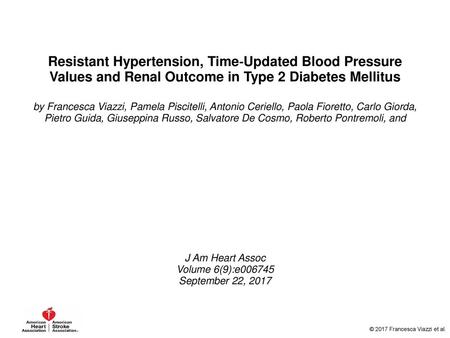 Resistant Hypertension, Time‐Updated Blood Pressure Values and Renal Outcome in Type 2 Diabetes Mellitus by Francesca Viazzi, Pamela Piscitelli, Antonio.