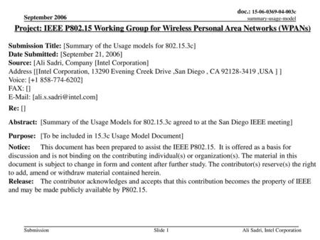 September 2006 Project: IEEE P802.15 Working Group for Wireless Personal Area Networks (WPANs) Submission Title: [Summary of the Usage models for 802.15.3c]