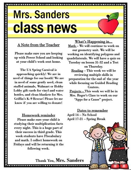 class news Mrs. Sanders What’s Happening in... A Note from the Teacher