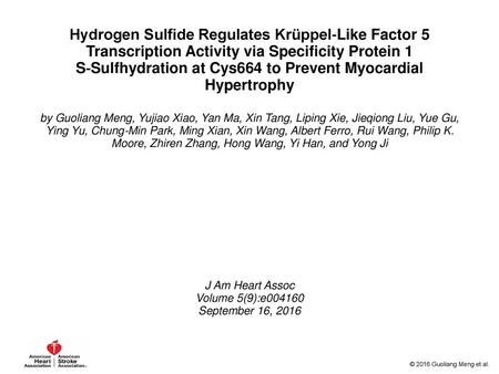 Hydrogen Sulfide Regulates Krüppel‐Like Factor 5 Transcription Activity via Specificity Protein 1 S‐Sulfhydration at Cys664 to Prevent Myocardial Hypertrophy.