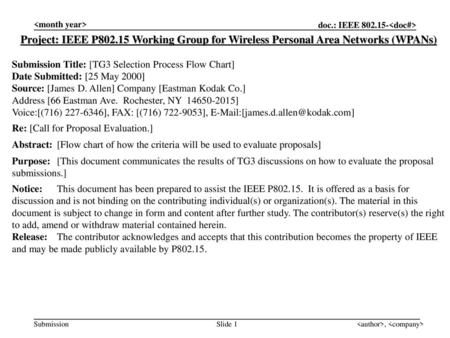  Project: IEEE P802.15 Working Group for Wireless Personal Area Networks (WPANs) Submission Title: [TG3 Selection Process Flow Chart] Date.