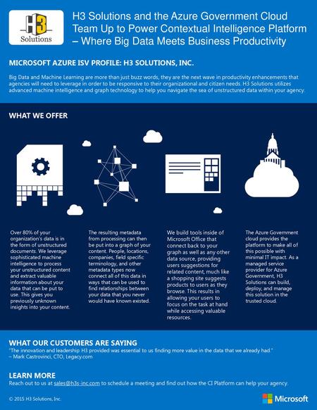 H3 Solutions and the Azure Government Cloud Team Up to Power Contextual Intelligence Platform – Where Big Data Meets Business Productivity MICROSOFT AZURE.