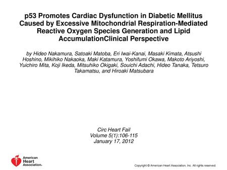 P53 Promotes Cardiac Dysfunction in Diabetic Mellitus Caused by Excessive Mitochondrial Respiration-Mediated Reactive Oxygen Species Generation and Lipid.
