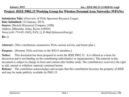 January, 2015 Project: IEEE P802.15 Working Group for Wireless Personal Area Networks (WPANs) Submission Title: [Overview of TG4s Spectrum Resource Usage]