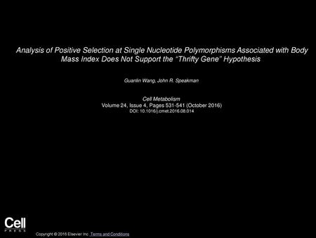 Analysis of Positive Selection at Single Nucleotide Polymorphisms Associated with Body Mass Index Does Not Support the “Thrifty Gene” Hypothesis  Guanlin.