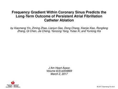 Frequency Gradient Within Coronary Sinus Predicts the Long‐Term Outcome of Persistent Atrial Fibrillation Catheter Ablation by Xiaomeng Yin, Ziming Zhao,