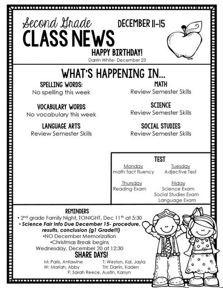 class news Second Grade December What’s Happening in...