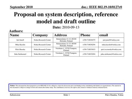 Proposal on system description, reference model and draft outline