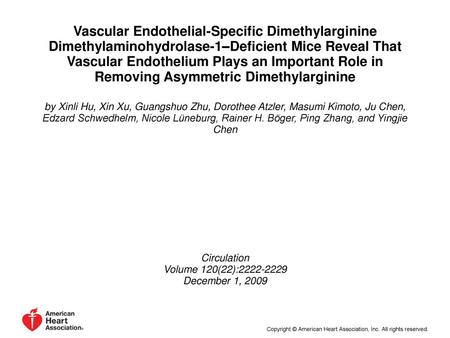 Vascular Endothelial-Specific Dimethylarginine Dimethylaminohydrolase-1–Deficient Mice Reveal That Vascular Endothelium Plays an Important Role in Removing.
