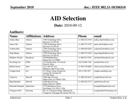 AID Selection Date: Authors: September 2010 Month Year