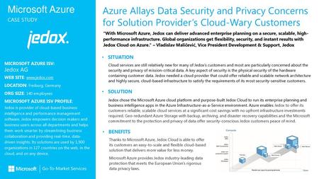 Azure Allays Data Security and Privacy Concerns for Solution Provider’s Cloud-Wary Customers “With Microsoft Azure, Jedox can deliver advanced enterprise.