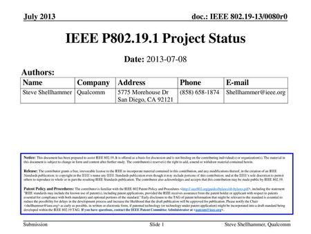 IEEE P Project Status Date: Authors: July 2013