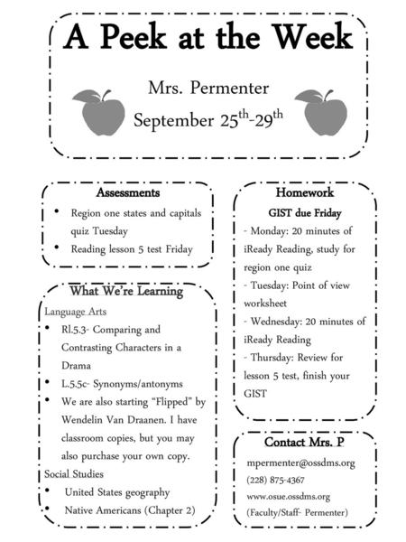 A Peek at the Week Mrs. Permenter September 25th-29th Assessments