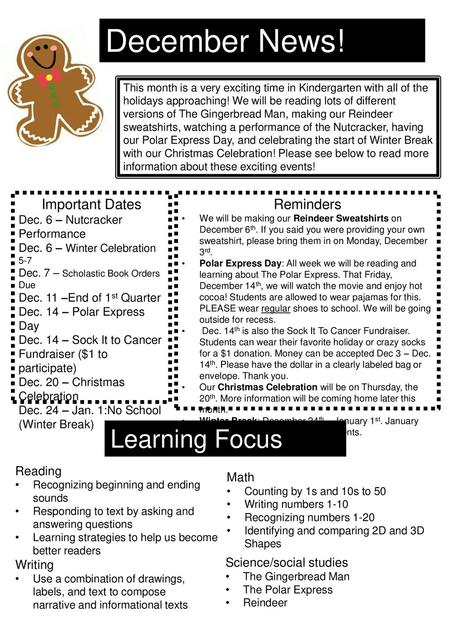 December News! Learning Focus Important Dates Reminders Reading Math