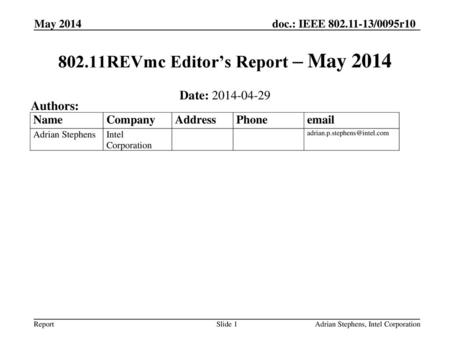 802.11REVmc Editor’s Report – May 2014