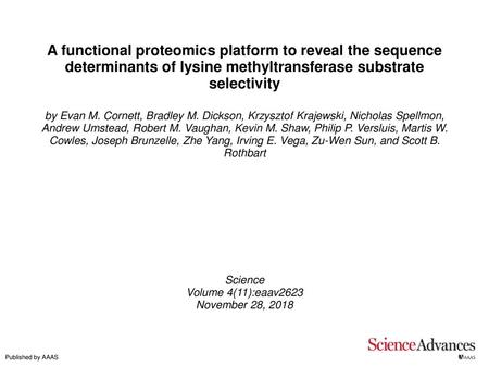 A functional proteomics platform to reveal the sequence determinants of lysine methyltransferase substrate selectivity by Evan M. Cornett, Bradley M. Dickson,
