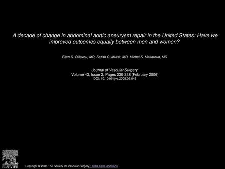 A decade of change in abdominal aortic aneurysm repair in the United States: Have we improved outcomes equally between men and women?  Ellen D. Dillavou,